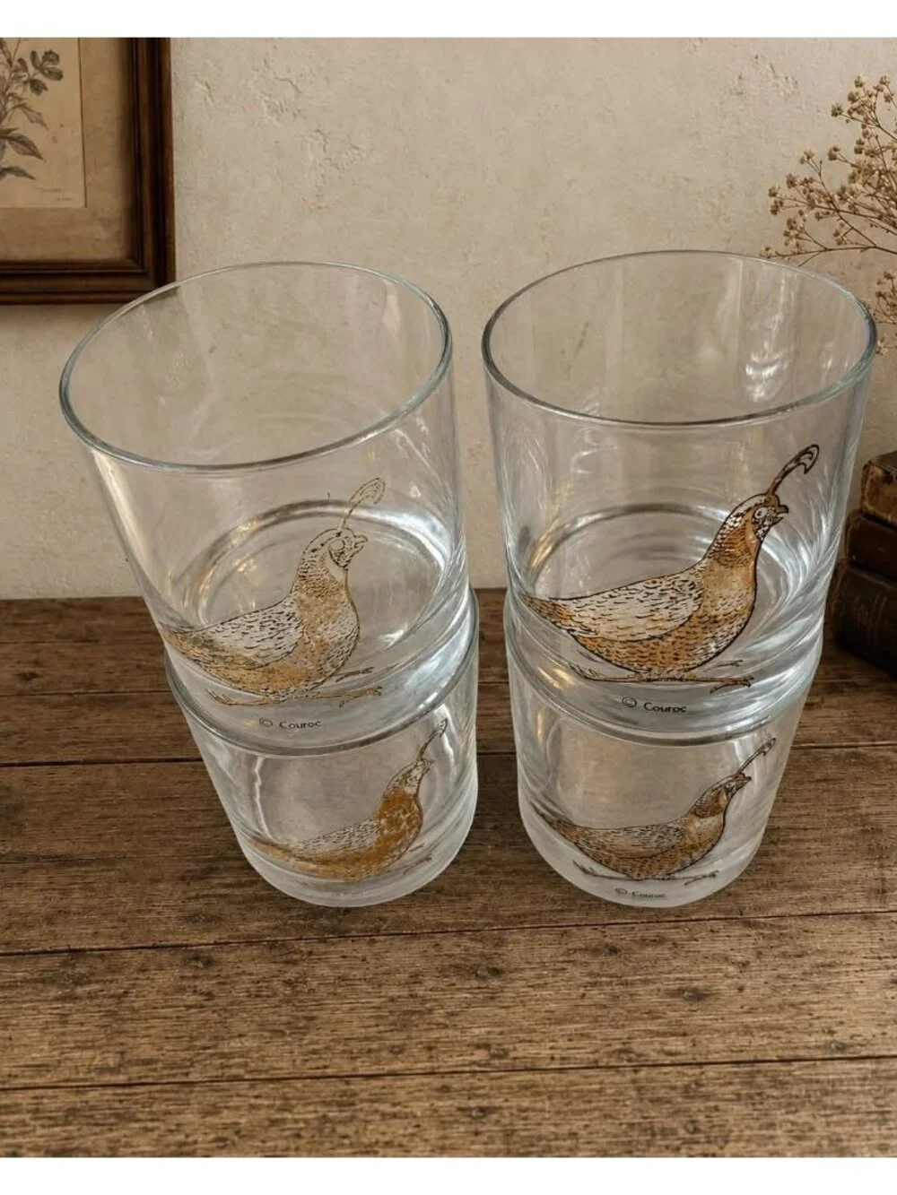 Quail Glasses Set of 4 VTG Couroc Monterey Lowball Cocktail Glass MCM Barware Wh